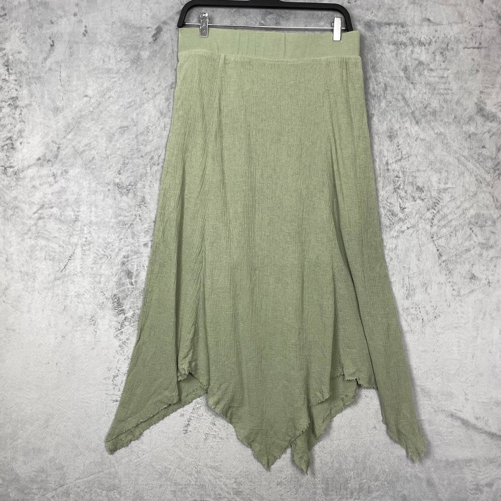 XCVI Lagenlook Cotton Linen Asymmetrical Midi Skirt Olive Medium Forest Fairy